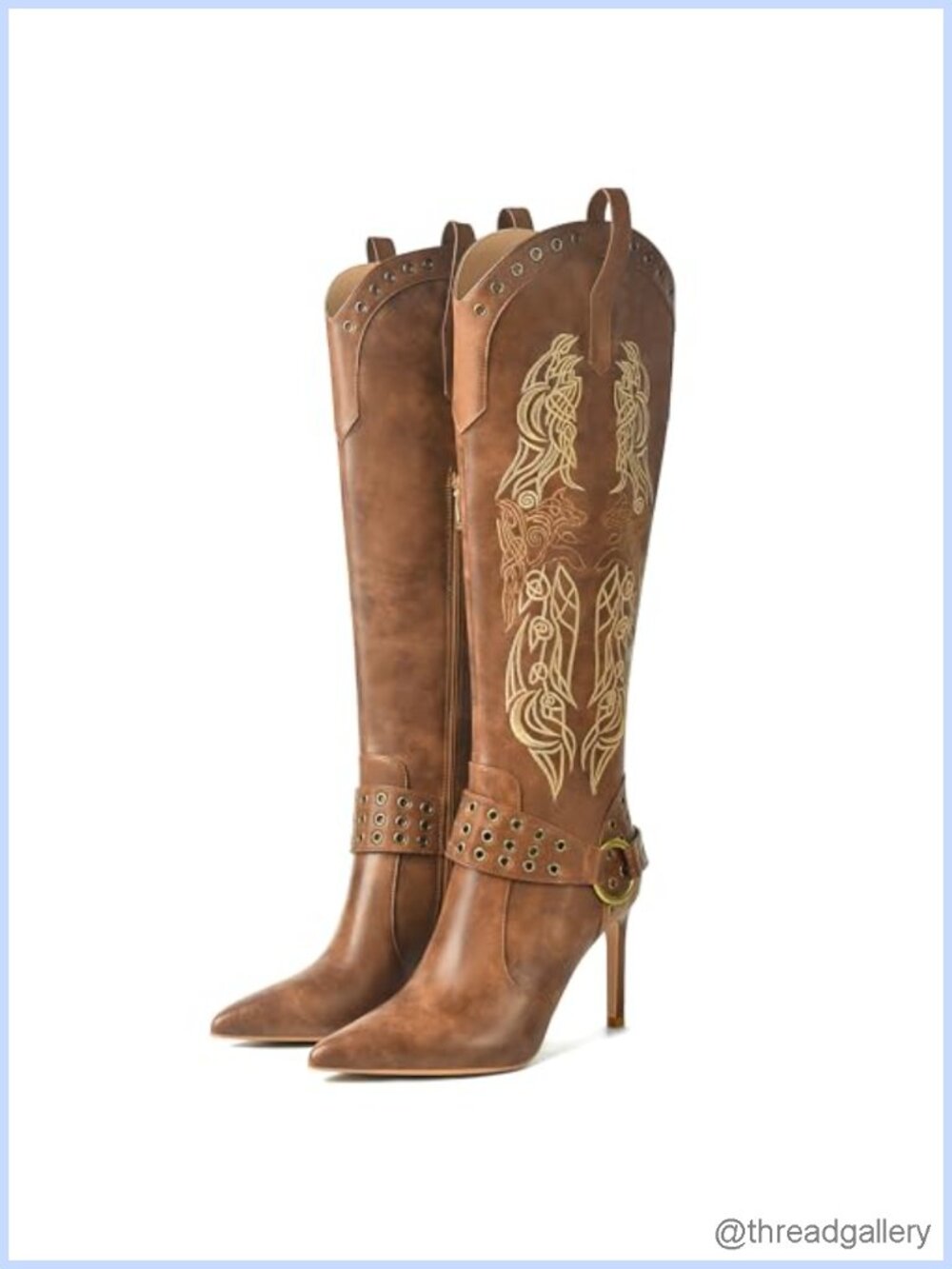 Women's Knee High Western Boots Stiletto Heel Pointed Toe Zip Cowboy